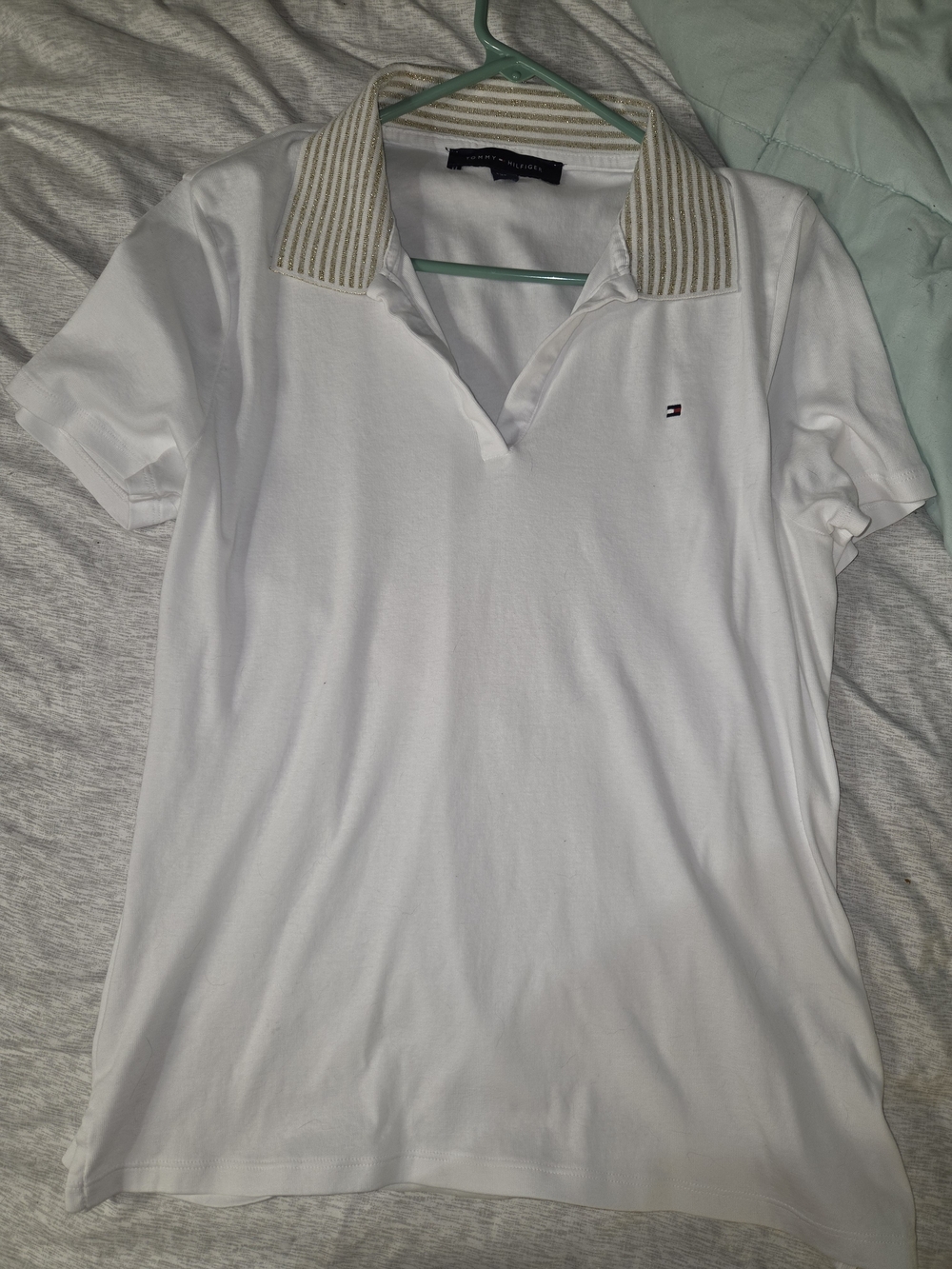 Tommy Hilfiger Women's White Polo with Striped Gold Collar